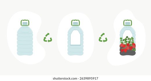 Scheme of upcycling elements. How to upcycle 5L bottle of water. Handmade and DIY secondary use. Ecological, reasonable consumption and sustainable life concept. Hand drawn vector illustration. 