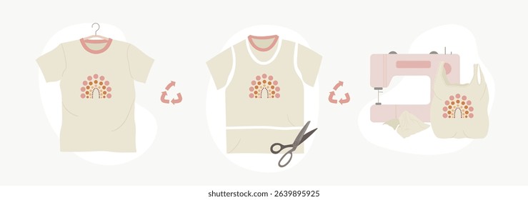 Scheme of upcycling elements. How to upcycle t-shirt. Handmade and DIY secondary use. Ecological, reasonable consumption and sustainable life concept. Hand drawn vector illustration.