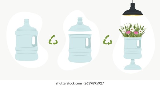 Scheme of upcycling elements. How to upcycle jugs of water. Handmade and DIY secondary use. Ecological, reasonable consumption and sustainable life concept. Hand drawn vector illustration.