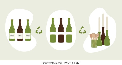 Esquema de elementos de upcycling. Como fazer upcycle garrafa de vidro. Uso secundário feito à mão e DIY. Conceito ecológico, de consumo razoável e de vida sustentável. Ilustração de vetor desenhada à mão.