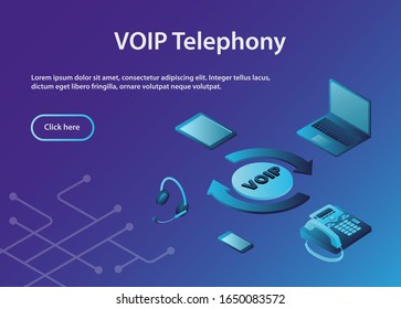 Scheme Of The VoIP System.Concept VOIP Telephony, Isometric, Example Site Page. 