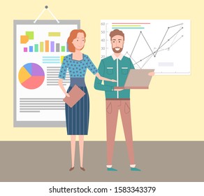 Schemes and charts vector, people showing presentation to business partners, colleagues with common aim and goal, male with laptop developing project