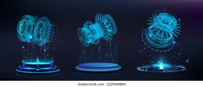 Schemes von Mechanismen auf futuristischen Katwalks Hologramme, 3D Blauhologramm in Podien. Vektorgrafik-Sammelphasen mit Zahnräder.
Cyberpunk-Portale mit Licht, Glanz und Neon-Effekt. Sci-fi HUD. Vektorgrafik