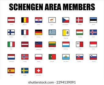 Schengen Area members with national flags, schengen countries