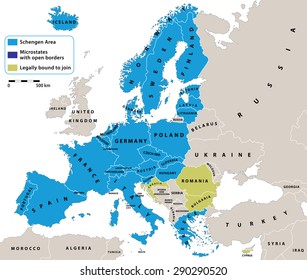 Schengen Area on Europe political map. All data are in layers for easy editing vector map. Background for your infographics.