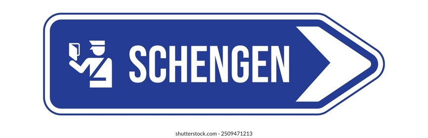 Signo de flecha azul Schengen con símbolo de control de pasaporte