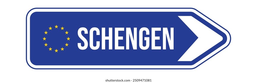 Schengen con la bandera de la Unión Europea Letrero de flecha azul