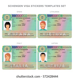 Schengen visa passport sticker templates for spain, lithuania, italy and latvia set