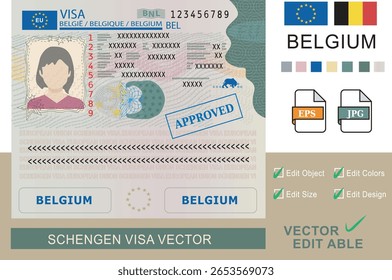 Visto Schengen Vetor - Bélgica
O arquivo inclui um design simplificado 
do visto Schengen europeu. 
Ao baixar o arquivo, você pode facilmente
 editar e remover informações pessoais
 vetor x relacionado a
