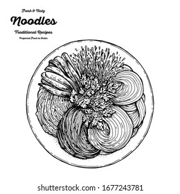 Schezwan Noodles hand drawn sketch. Top view vector illustration. Schezwan Noodles. Engraved style. Black and white illustration. Noodles in bowl.