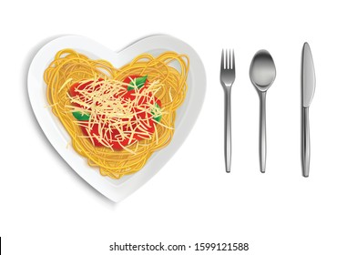 Schezwan Noodles or vegetable Hakka chow mein with tomato sauce heart shape vector illustration