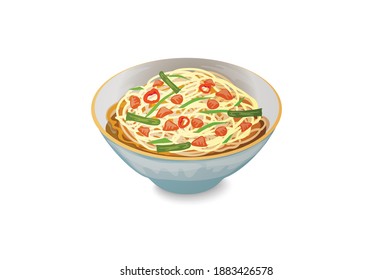 Schezwan Noodles or vegetable Hakka Noodles or chow mein is a popular Indo-Chinese recipes, served in a bowl or plate vector illustration isolated on white background