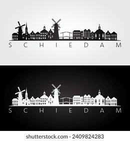 Schiedam skyline and landmarks silhouette, black and white design, vector illustration.