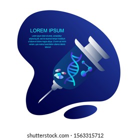 Schientific Injection Syringe with Genetic, Corpuscle, Atom, Molecule and Vitamins Tablets. Researching Biohacking Element DNA. Medical Pharmaceuticals concept. Health engineering. Vector illustration