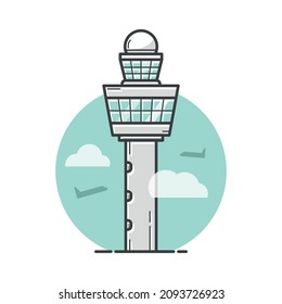 Aeropuerto de Schiphol, ícono vectorial de la aerolínea de Amsterdam, torre de control de tráfico, viajar por los Países Bajos, aislado en fondo blanco.