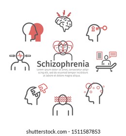 Schizophrenia banner. Symptoms, Treatment. Icons set. Vector signs for web graphics.