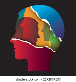Schizophrenia, Bipolar disorder, mental health concept. 
Ripped paper Male head stylized silhouettes.Isolated on black background. Vector available.