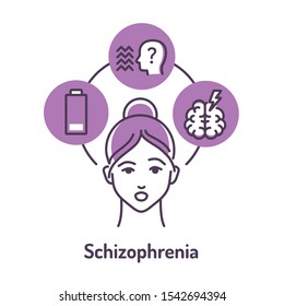 Schizophrenia Color Line Icon On Violet Background. Insane Person. Mental Disorders. Symptoms: Fatigue, Hallucinations, Thinking Disorders. Pictogram For Web Page. Vector Isolated Illustration.