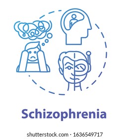 Schizophrenia concept icon. Psychosis with hallucinations. Insanity. Schizophrenic disorder. Mental illness idea thin line illustration. Vector isolated outline RGB color drawing