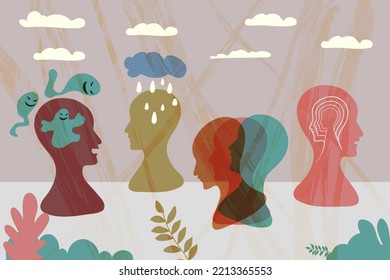 Schizophrenia concept, symbol of depresion, dementia. Vector ilustration. Neurodiversity as human mind variation differences tiny person concept. Mental awareness psychological issues