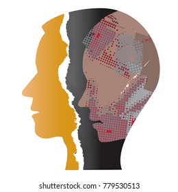


Schizophrenia depression male head. 
Ripped paper Male head silhouettes. Concept symbolizing schizophrenia, depression.Vector available. 
