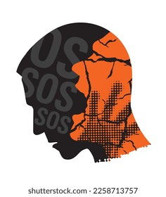 Schizophrenia, depression,  male head silhouettes.
Stylized male silhouette and cracked silhouette of screaming man. SOS call. Concept symbolizing mental illness. Vector available.