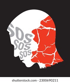 Schizophrenia, depression,  male head silhouettes,deprived man.
Stylized male silhouette and cracked silhouette of screaming man. SOS call. Concept symbolizing mental illness. Vector available.