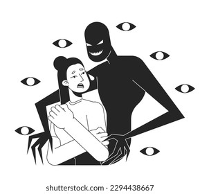 Schizophrenia disorder bw concept vector spot illustration. Scared woman seeing hallucinations 2D cartoon flat line monochromatic character for web app UI design. Anxiety editable outline hero image