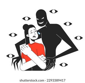 Schizophrenia disorder flat line concept vector spot illustration. Scared woman seeing hallucinations 2D cartoon outline character on white for web app UI design. Anxiety editable colorful hero image