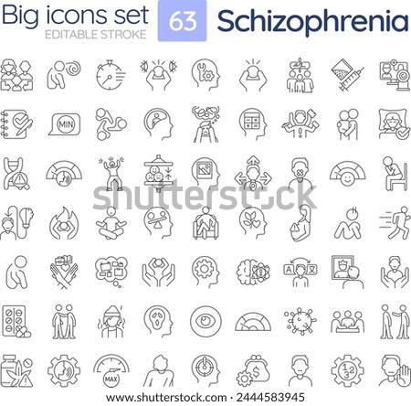 Schizophrenia disorder linear icons set. Neurocognitive disease, mental illness. Psychiatry condition. Customizable thin line symbols. Isolated vector outline illustrations. Editable stroke