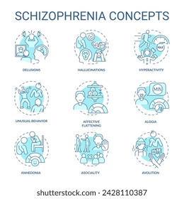 Schizophrenia disorder soft blue concept icons. Icon pack. Vector images. Round shape illustrations for infographic, presentation, brochure, booklet, promotional material, article. Abstract idea