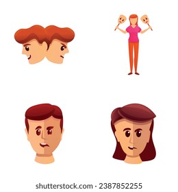 Schizophrenia icons set cartoon vector. Person with mental illness. Depresion, dementia, disease