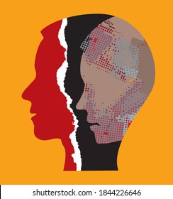 
Schizophrenia male head silhouettes.
Illustration with stylized male heads on grunge texture symbolizing schizophrenia,  Depression,bipolar disorder. The image does not show real people. 