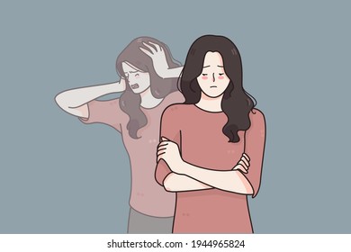 Schizophrenia and mental disorder concept. Portrait of young beautiful sad woman suffering from multiple personality disorders over grey background vector illustration 
