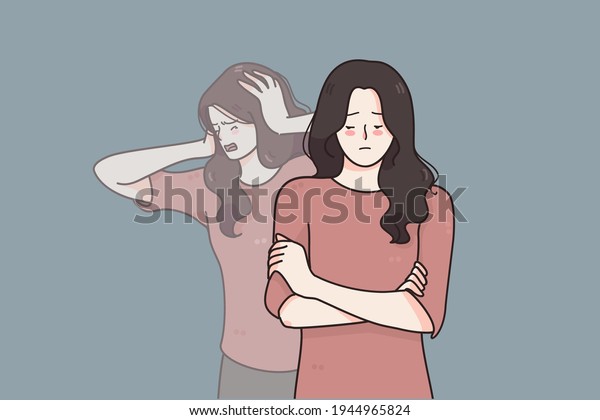 Schizophrenia and mental disorder\
concept. Portrait of young beautiful sad woman suffering from\
multiple personality disorders over grey background vector\
illustration 
