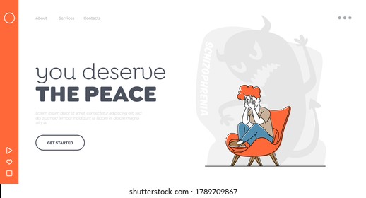 Schizophrenia Mental Disorder, Dissociative Identity Landing Page Template. Female Character with Borderline Illness Crying Scare of Monster, Split Personality Illness. Linear Vector Illustration