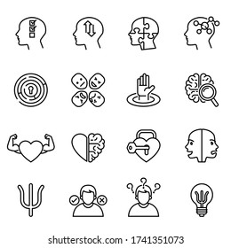 Schizophrenia, mental health, psychology icon set with white background. Thin line style stock vector.