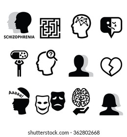 Schizophrenia, Mental Health, Psychology Vector Icons Set  