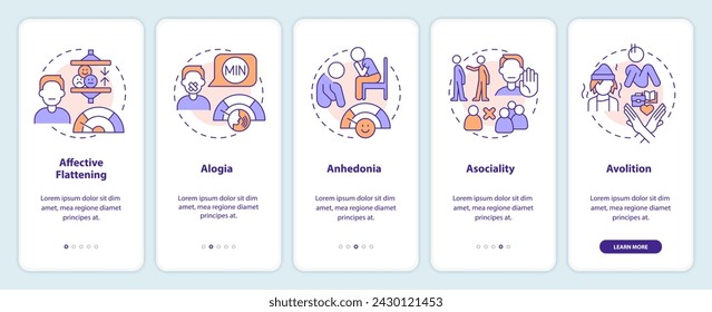 Schizophrenia negative symptoms onboarding mobile app screen. Walkthrough 5 steps editable graphic instructions with linear concepts. UI, UX, GUI template. Myriad Pro-Bold, Regular fonts used