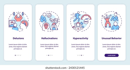 Schizophrenia positive symptoms onboarding mobile app screen. Walkthrough 4 steps editable graphic instructions with linear concepts. UI, UX, GUI template. Myriad Pro-Bold, Regular fonts used