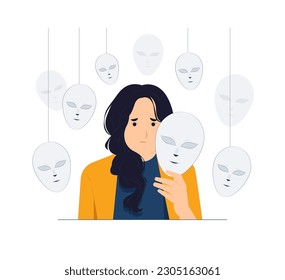 Schizophrenia, post-traumatic stress mental disorder, Hypocrisy, Theater of life. A girl surrounded by various masks looking intently at the camera concept illustration 