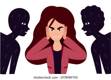 Schizophrenia symptom voices in the head.The girl covered her ears with her hands. Mental disorder.  Vector illustration