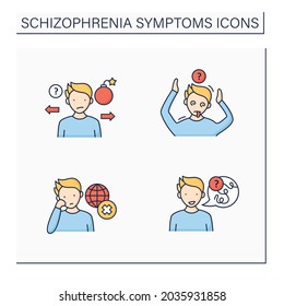 Schizophrenia Symptoms Color Icons Set. Speech Difficulties, Abnormalities, Disinterest. Behaviors Appear Bizarre, Unpredictable. Healthcare Concept. Isolated Vector Illustrations