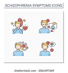 Schizophrenia symptoms color icons set. Reference, persecution delusions, loose associations, neologism.Healthcare concept. Isolated vector illustrations