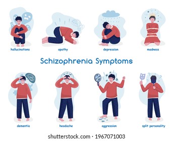 Schizophrenia Symptoms Icons Collection. Patient Character. Bipolar Disorder, Disassociation Sign. Psychological Disorder. Editable Vector Illustration In Modern Style Isolated On A White Background