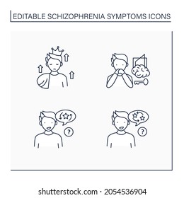 Schizophrenia symptoms line icons set. Clang, perseveration, control delusions, grandeur.Healthcare concept. Isolated vector illustrations.Editable stroke