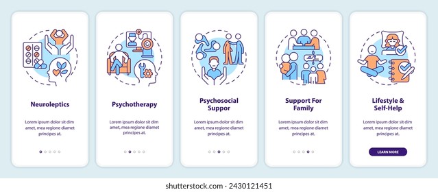 Schizophrenia treatment onboarding mobile app screen. Mental support. Walkthrough 5 steps editable graphic instructions with linear concepts. UI, UX, GUI template. Myriad Pro-Bold, Regular fonts used