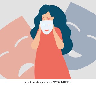 Schizophrenic woman has Bipolar disorder with happy and sad masks behind. Girl with schizophrenia disease and split personality. Mental health illness and psychological problems concept. Vector stock