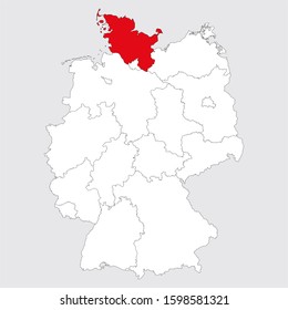 Schleswig Holstein province highlighted red on Germany map. Gray background. German political map.