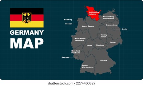 Schleswing Holstein Map, Schleswing Holstein  red highlighted in Germany 🇩🇪 map, flat design illustration vector